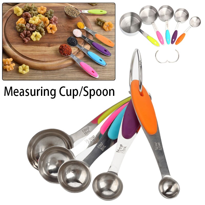 5 colors Stainless Steel Measuring Cups And Spoons Durable Kitchen Cooking Baking Measuring Tools With Silicone Handles