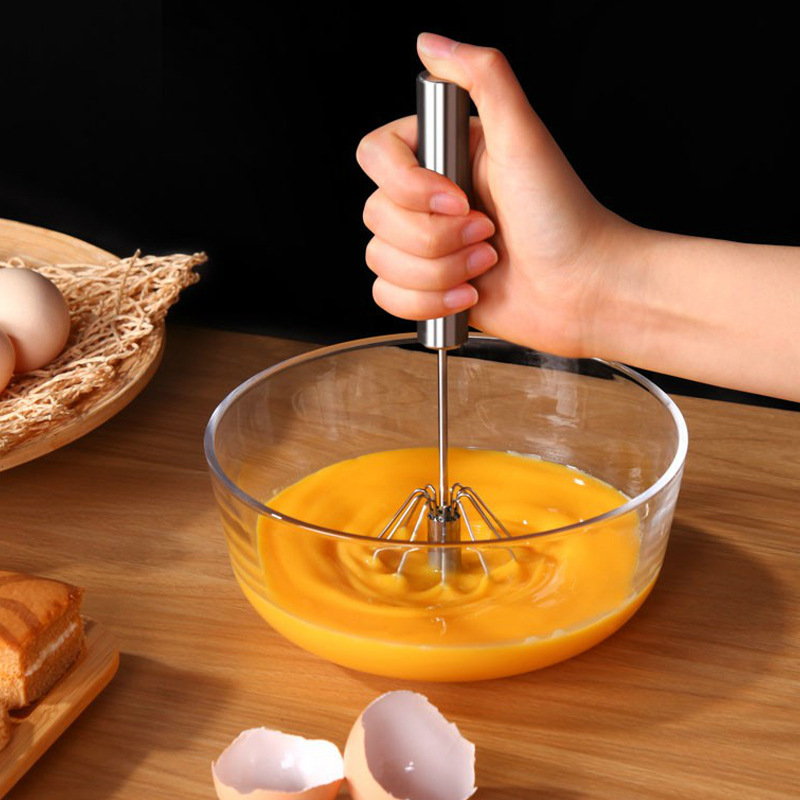 Halvautomatisk äggvisp i rostfritt stål äggvisp manuell presstyp mixer självvändande äggomrörare köksredskap