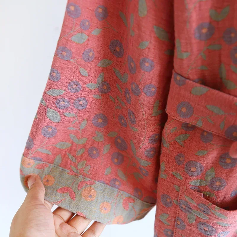 Flerfärgad kimono-badrock dampyjamaskläder för vår och sommar bomull lösa hemsovkläder kimono-rockar med bälte