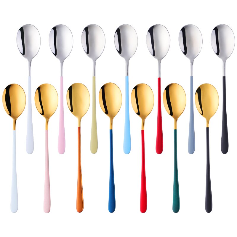 1PCS Korea Spoon Stainless Steel Soup Spoon Long Handle Gold Dessert Spoons Round Dinner Spoon Set Tableware Set