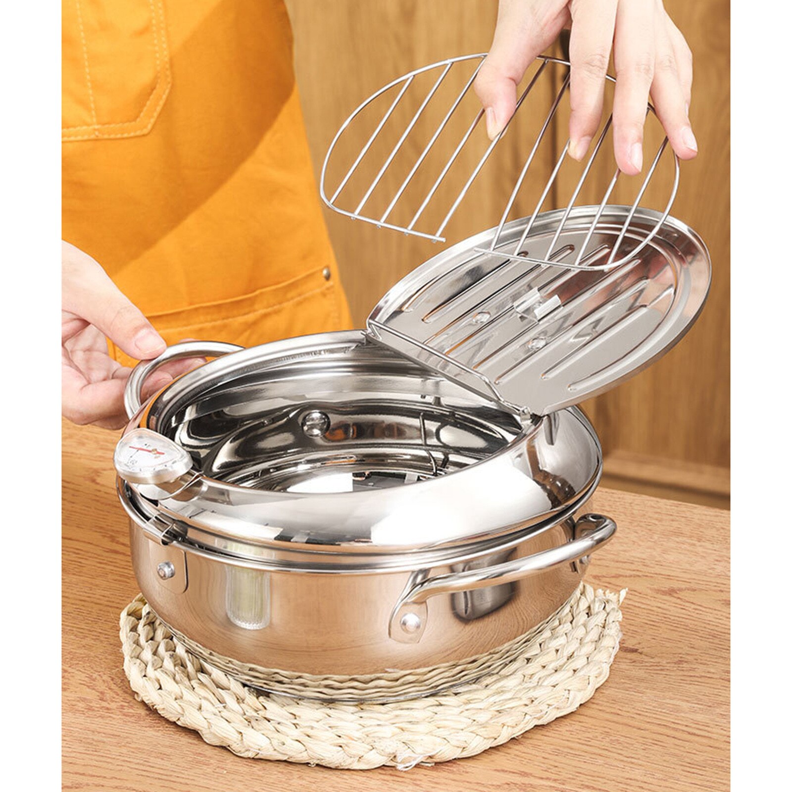 Huishoudelijke Rvs Friteuse Met Zeef En Temperatuurregeling Mini Friteuse Draagbare Camping Voedsel Friteuse Keuken Gereedschap