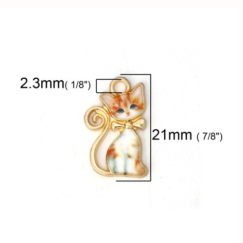 DoreenBeads Zinc Based Alloy Charms Pendant Cat Animal Gold Orange Black White Colorful Enamel 21mm( 7/8&quot;) x 13mm( 4/8&quot;), 10 PCs: 1