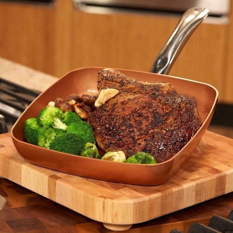 Non-Stick Square Steak Frying Pan Copper Color Aluminum Striped Frying Pan Single Bottom Aluminum Pan