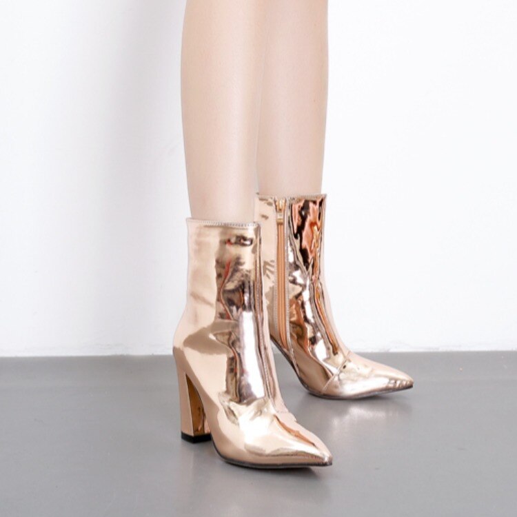 Guld sølv lakeret læder kvinder ankelstøvler spidse tå firkantede hæl støvler stilet damer pumps chelsea støvler 3 d 65