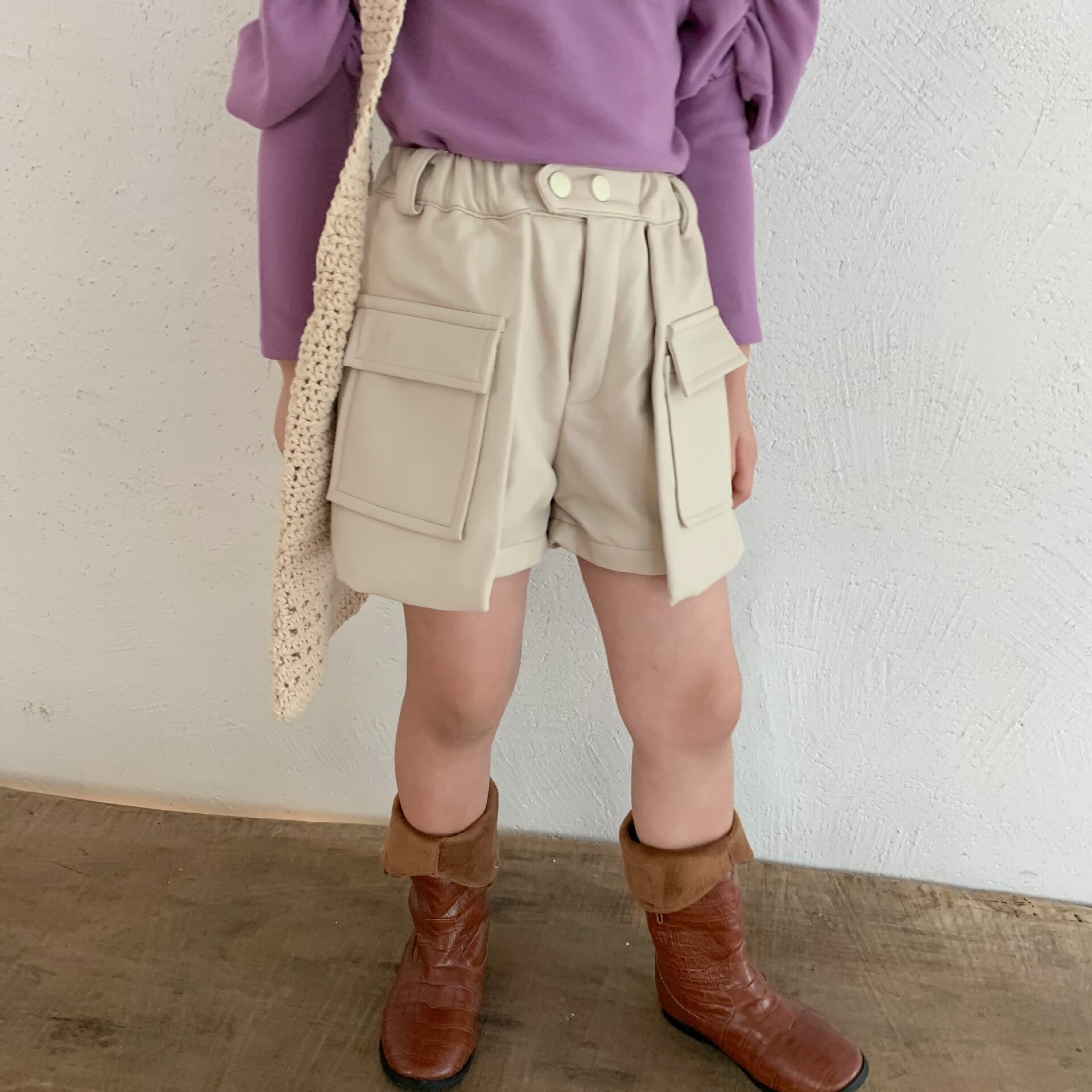 Efterår piger pu shorts børn shorts pige shorts: Beige / 6