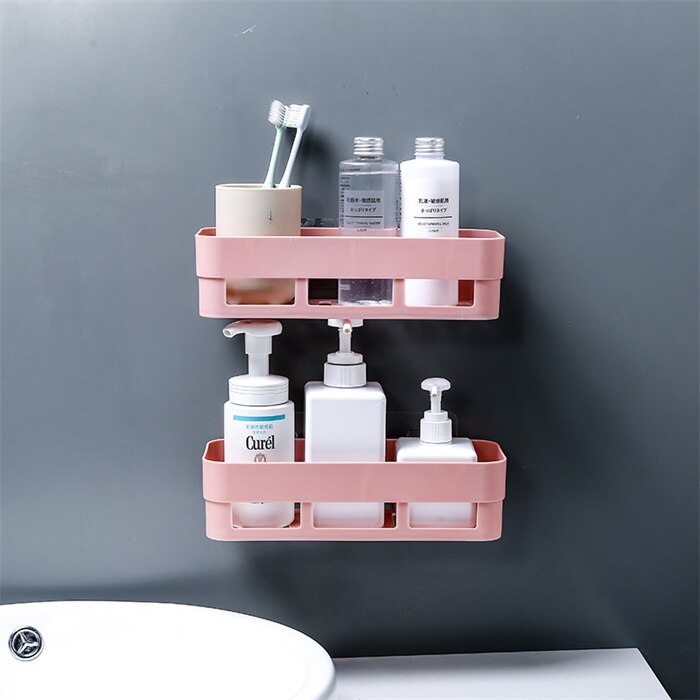 Bathroom Accessories Storage Shelf & Rack Waterproof Floating Shelf Home Decoration Kitchen Free Punching Wall Hanging H1148: pink 2 pieces