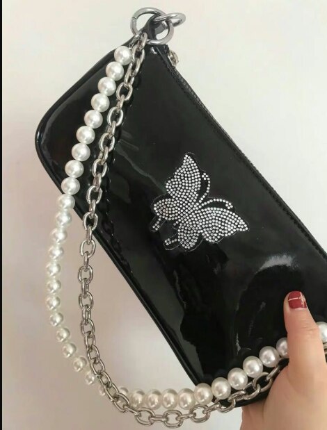 women's bag pearl patent small zipper girl messenger shoulder bag chain baguette female vintage cute bag klii35923