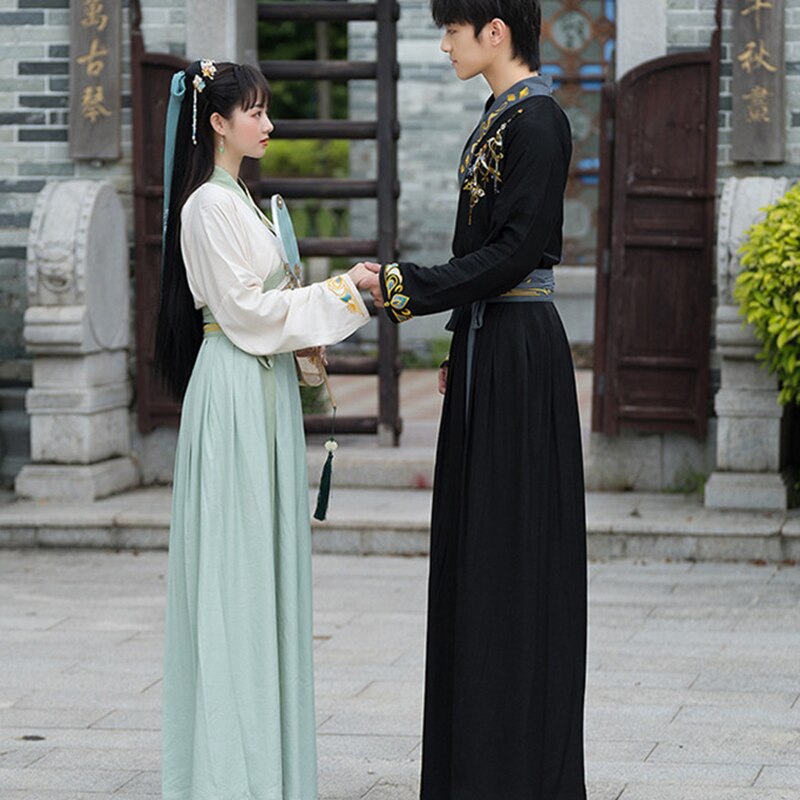 Disfraz de Hanfu Oriental para hombres y mujeres, traje Oriental bordado con falda y espadachín