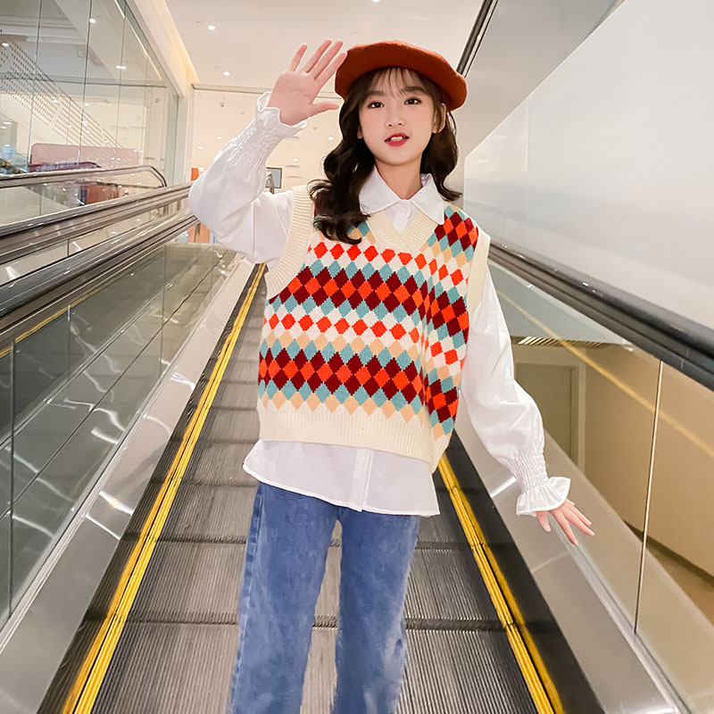10 to 12 years Girls Argyle Sweater Vest Teen Girls Spring Autumn Tops: white / 15