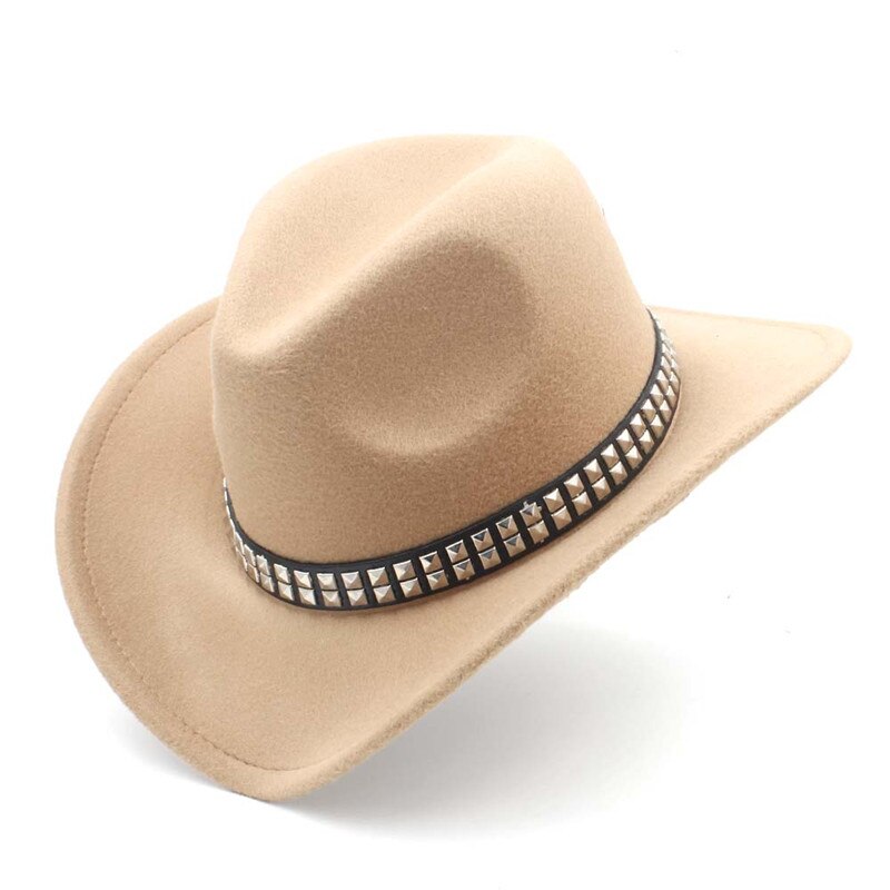 Women Men Wool Hollow Western Cowboy Hat With Wide Brim Felt Cowgirl Jazz Godfather Sombrero Cap Size 56-58CM Punk Belt A35: Khaki