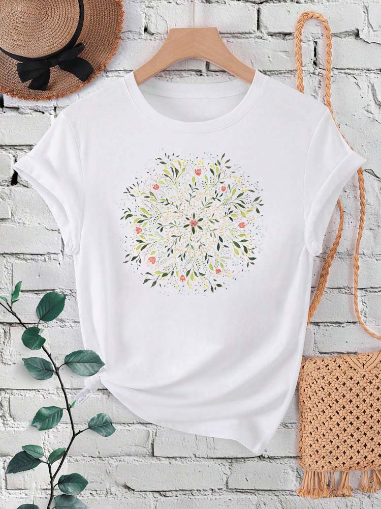 Blomstermandala-trykk dame-t-skjorte sommer korte ermer o-hals  y2k topper t-skjorte dame 90s fritidsklær: Xxl / Blå