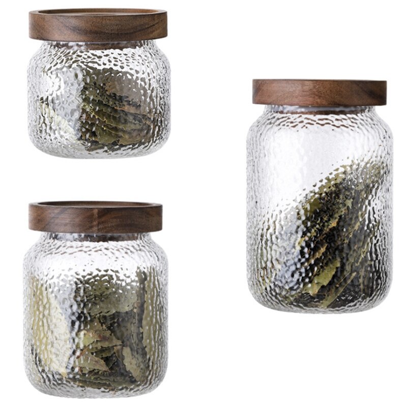 Jarra hermética de vidrio martillado para almacenamiento de granos de café, jarra de almacenamiento para té, caja para almacenar granos, suministros de cocina, 3 uds.: Default Title