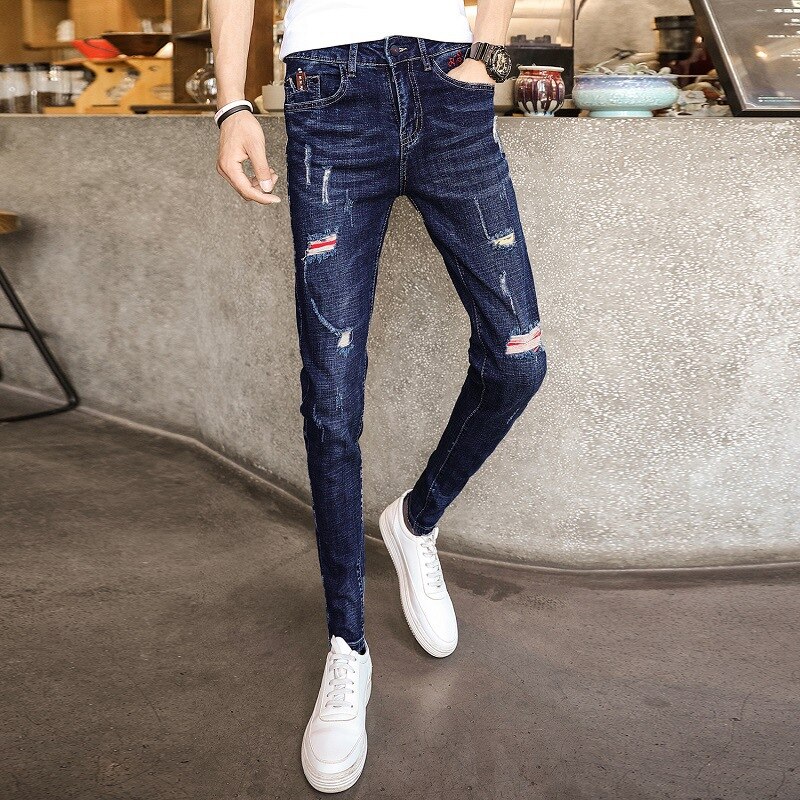 Pantalones vaqueros rasgados elásticos para adolescentes, jeans de informales para hombre, pantalones de pitillo ajustados coreanos para estudiantes,