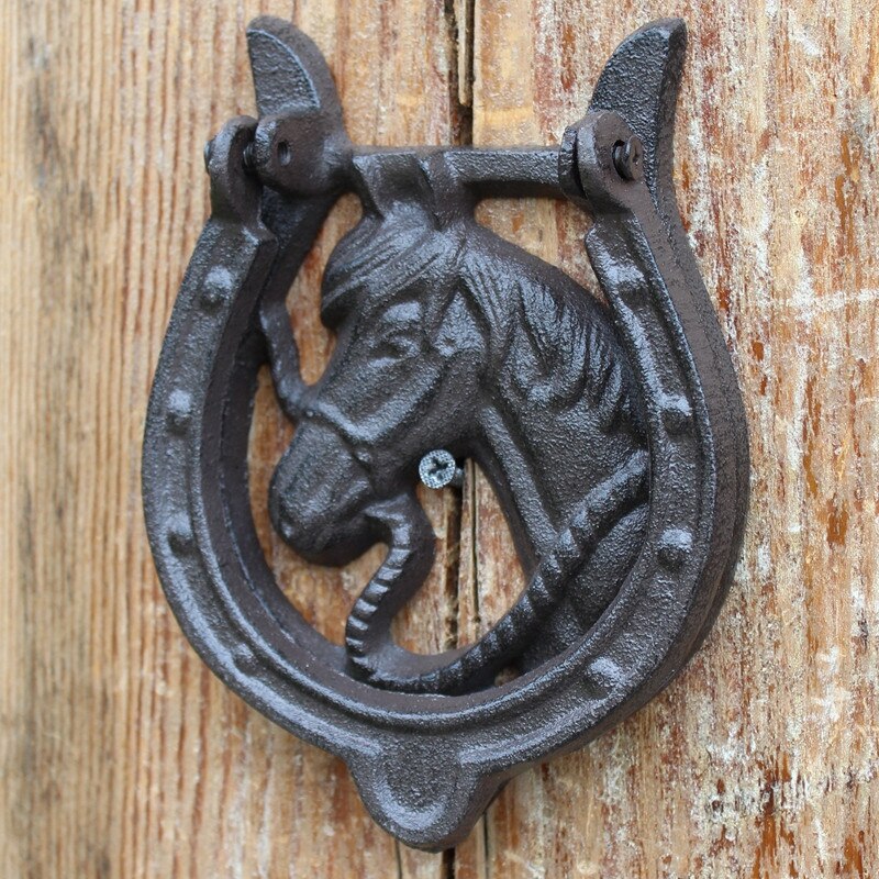 Puerta de Hierro Fundido aldaba cabeza de caballo con manija Western Cowboy herradura puerta pestillo Metal puerta de casa decoración Vintage artesanía