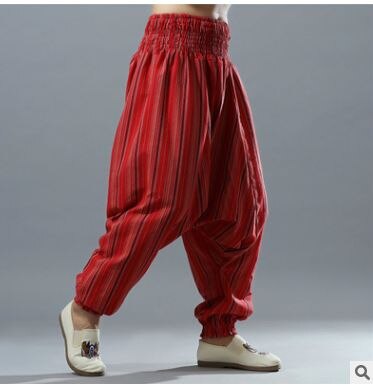 Pantalones bombachos de cintura elástica a rayas para hombre, pantalones de tiro caído fluidos de otoño, pantalones Harem de lino y algodón sueltos tradicionales para hombre, India 092303: 2 / XL