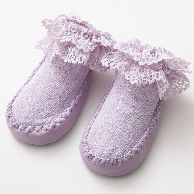 Lente Zomer Baby Schoenen Schattige Mode Baby Peuter Meisje Sokken Antislip Kinderen Kids Floor Sokken Kant Meisjes Sokken: Lavendel / 12-24 months
