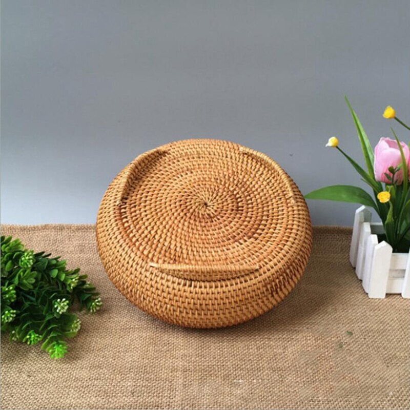 Förvaringskorg handvävd rotting vävd med lock rund primärfärg kinesiska smycken snacks te set förvaringslåda 22 x 13cm