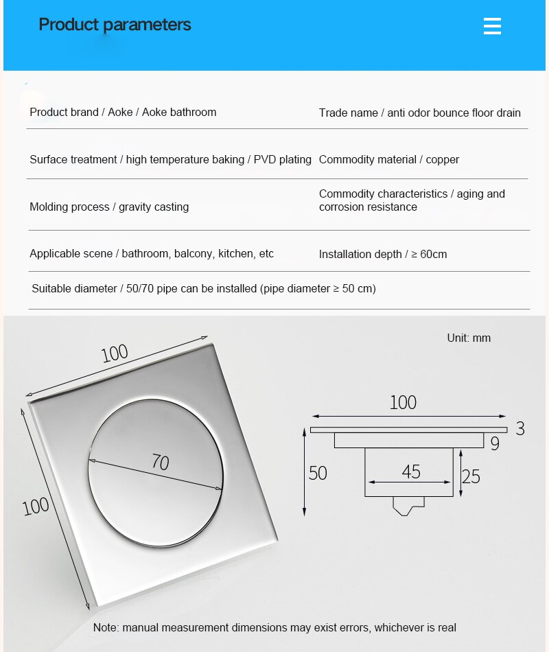 Bouncing Floor Drain Square Pop Up Floor Drain-Floor Cover Shower Room Push Down Drain Plug Anti-odor Bath Shower Drain