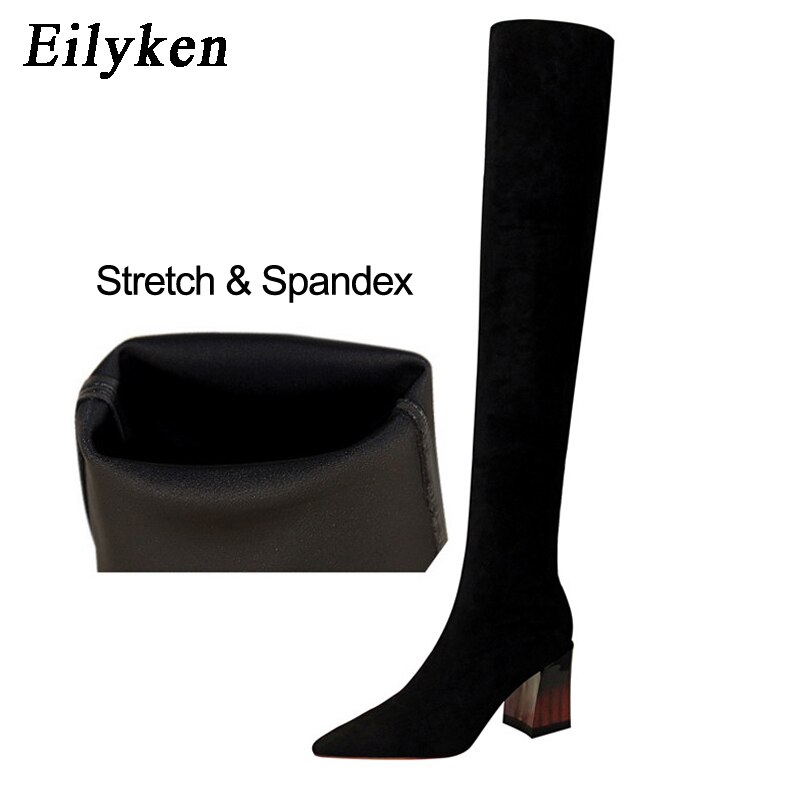 Eilyken – cuissardes à talons épais pour femme, bottes chaudes à enfiler, en daim élastique, cuissardes hautes, taille 34 à 40, collection automne-hiver 2022: Stretch black / 35