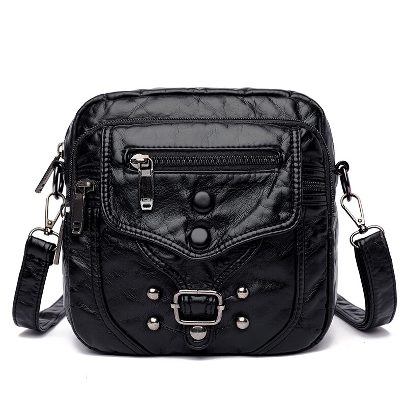 Phone Shoulder Bags For Women Small Leather Purses Vintage Crossbody Bag For Girls Messenger Bags Rivet Button Women Waist Bag: Black
