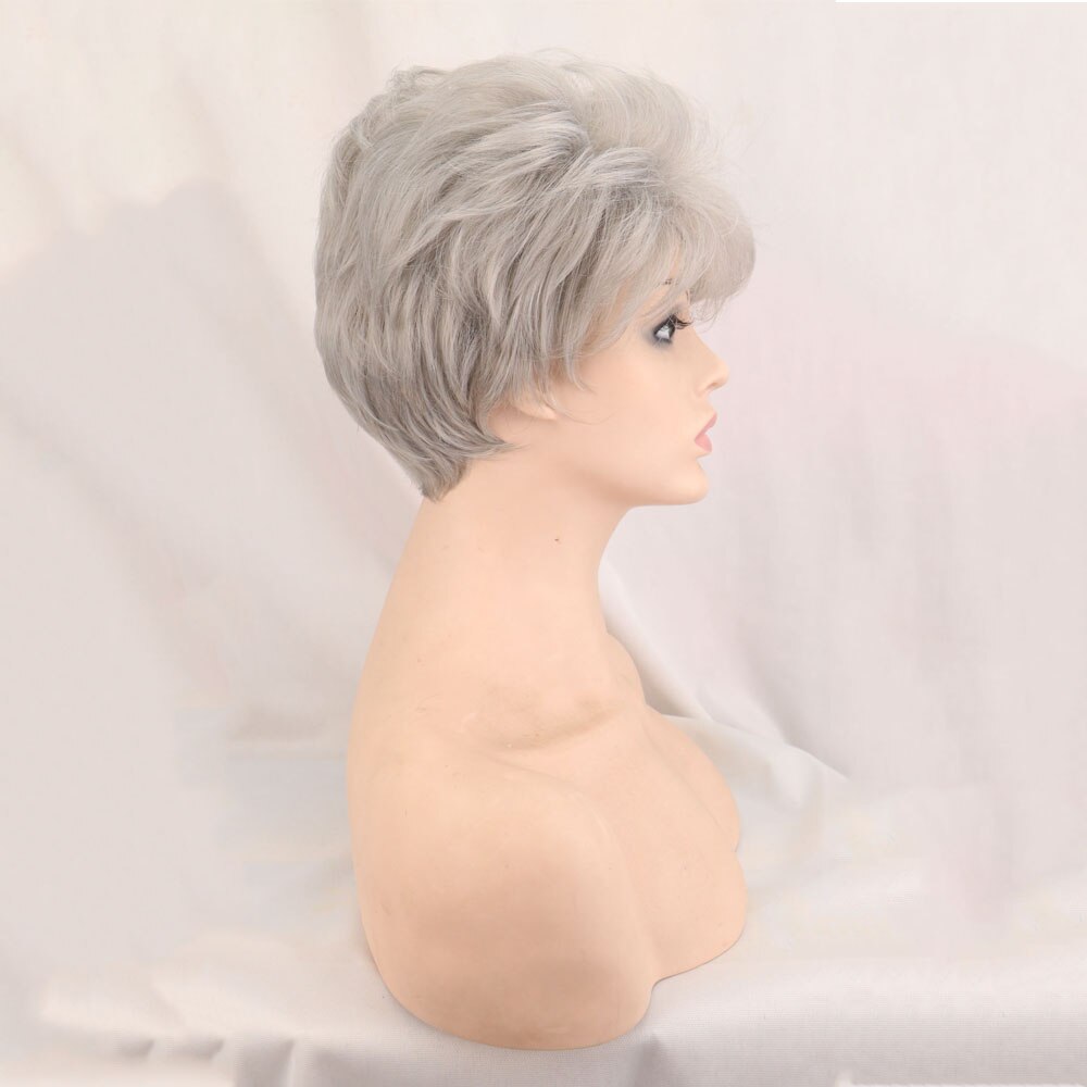 WHIMSICAL W Fluffy Wavy Short Wigs for white women sliver gray Synthetic Hair Multilayered Medium Elastic Breathable Wig Cap