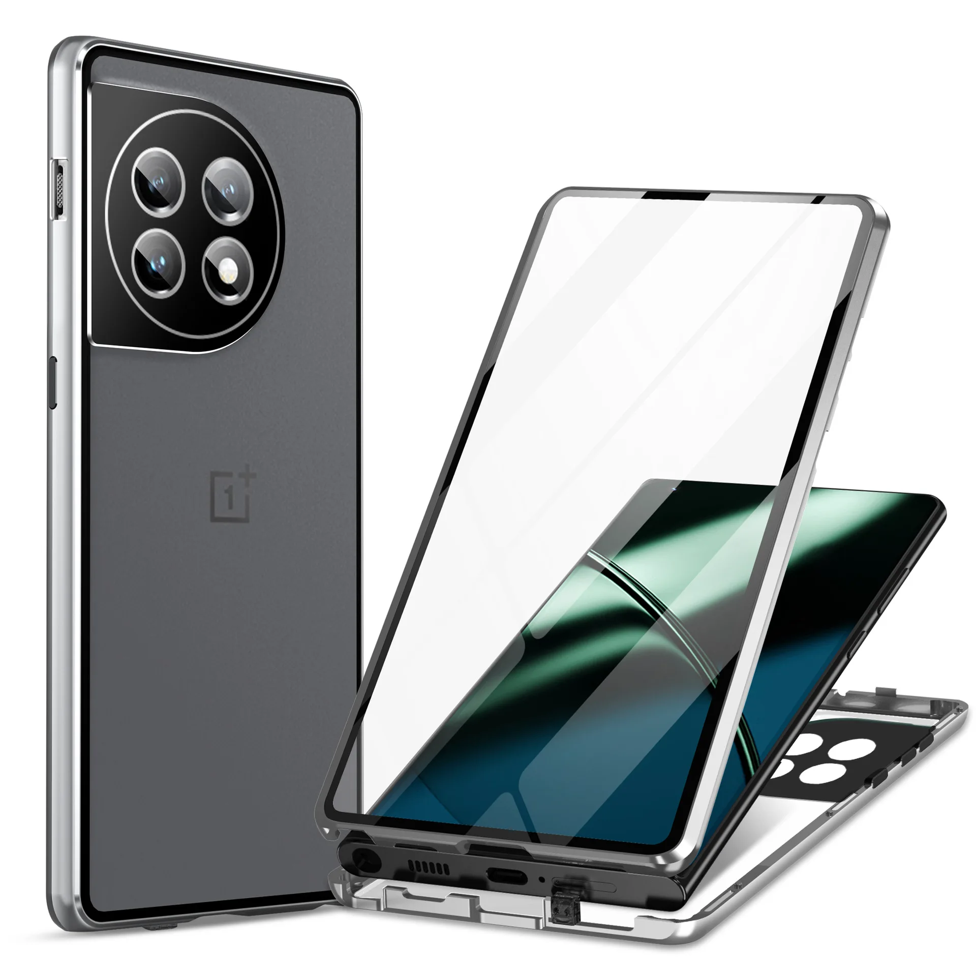 Para OnePlus 12 11 12R Funda de teléfono 360 ° Lente de marco de aleación de aluminio todo incluido One Plus 10 Pro Nord CE 5G HD Caja protectora: Lona / Plata