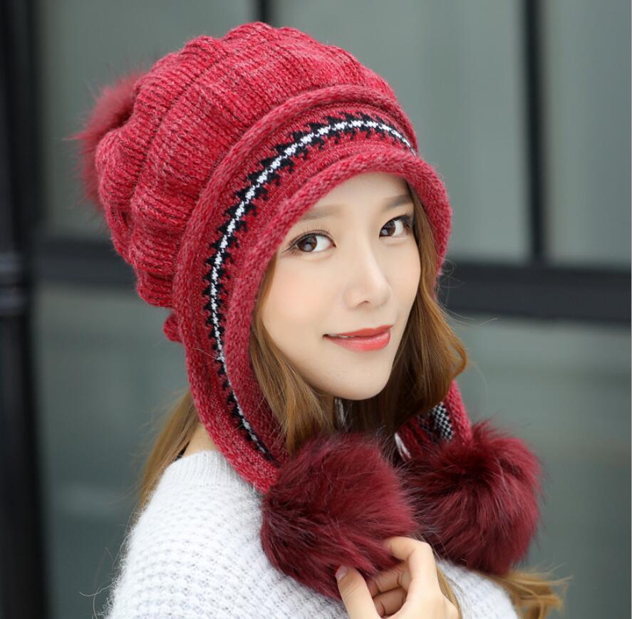 señoras gorro lana gorro Sanmao Bola de espalda al aire de punto sombrero de terciopelo grueso gorro tejido para abrigo niña Otoño e Invierno oreja protección: Rojo