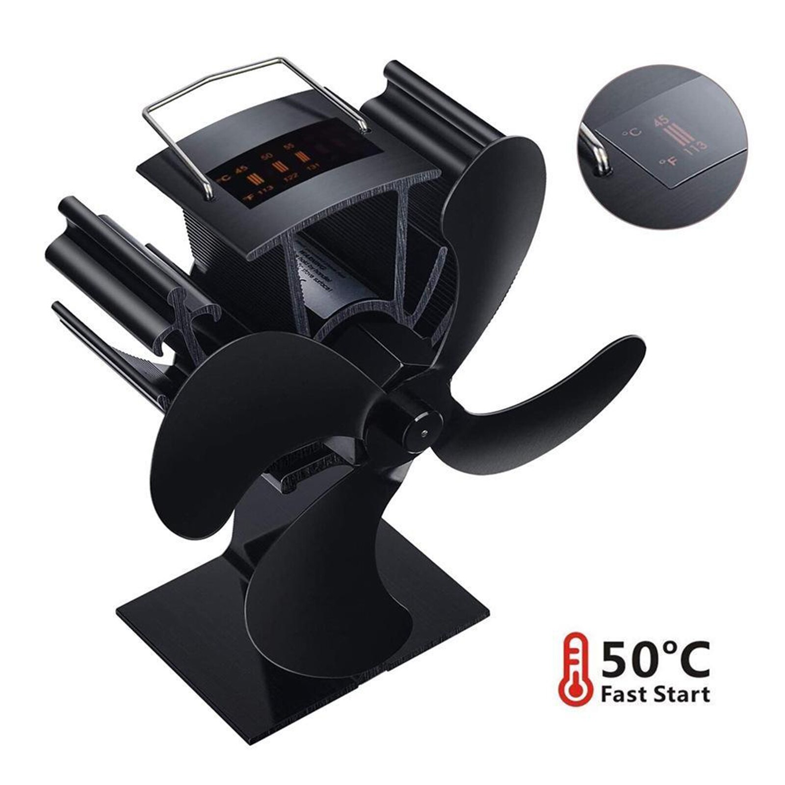 Black Heat Powered Wood Log Burning Fireplace Burner Stove Heater Fan w/ Blades