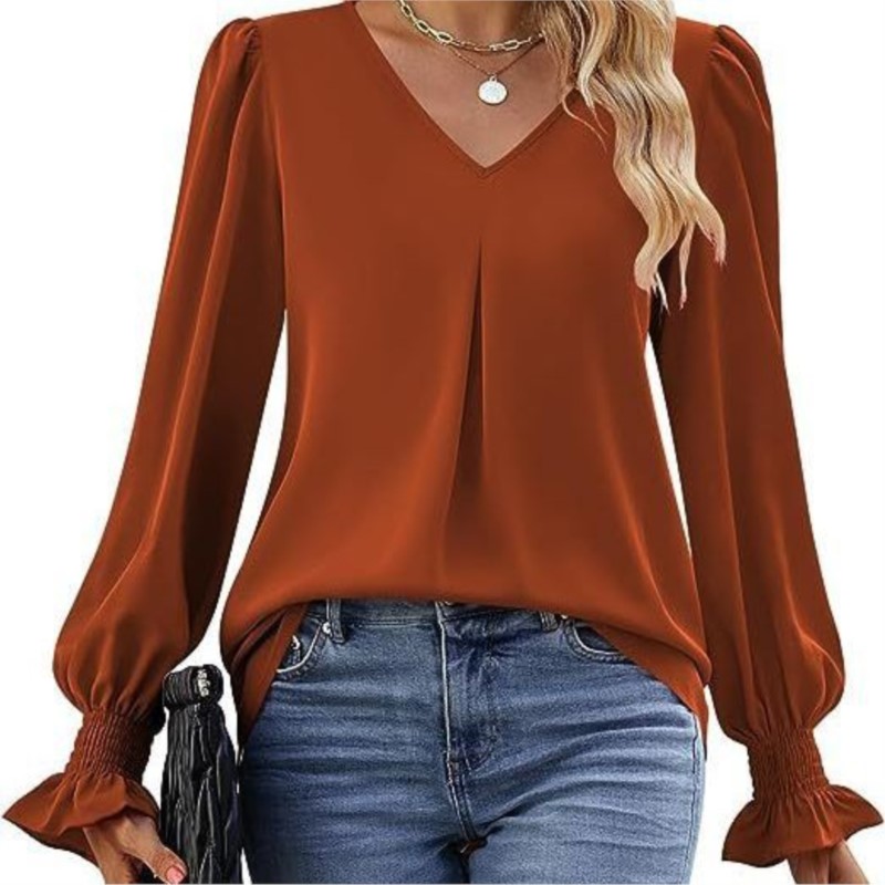 Solid Color Women's Shirt Autumn Item Solid Color Chiffon Shirt V-neck Pullover Trumpet Long Sleeved Top Blouse