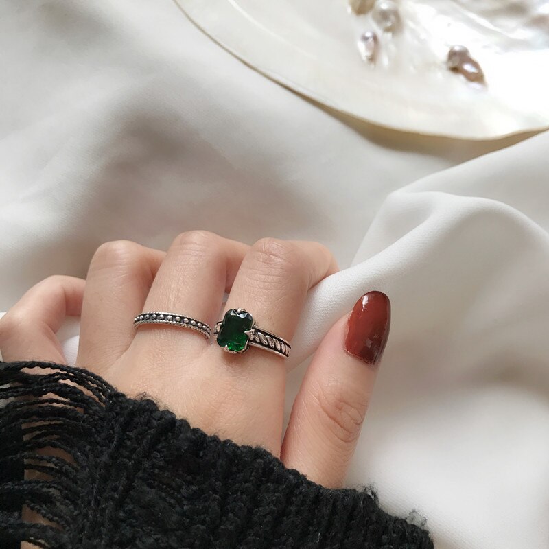 AOMU Retro Distressed Metal Green Zircon Geometric Round Square Luxury Opening Ring for Women Jewelry