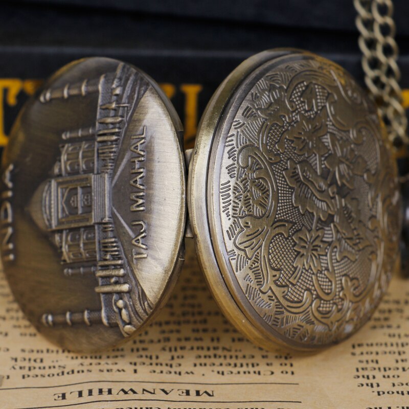 Exquisite India Taj Mahal Display Bronze Pocket Watch Quartz Necklace Pendant Clock Full Hunter with Fob Chain Souvenir