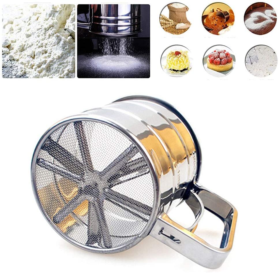 Flour Sifter, Stainless Steel Handheld Shaker Sieve Cup Mesh Crank Kitchen Baking Flour Sifter with Measuring Scale