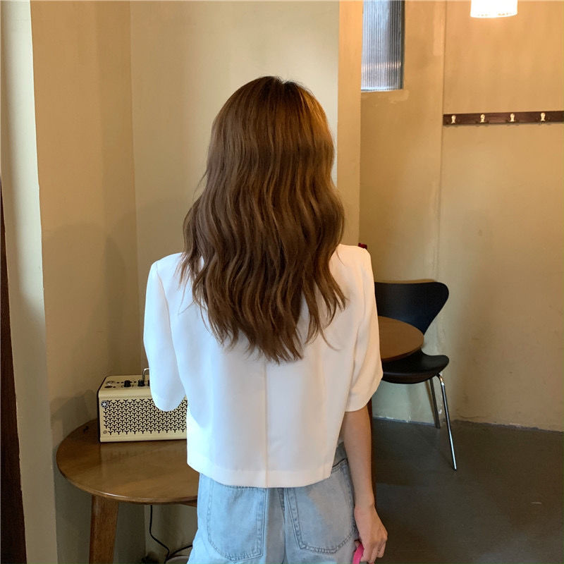Zomer Korte Mouw Onregelmatige Zwarte Blazers Vrouwen Modieuze Ulzzang Office Lady Double Breasted Crop Tops Losse Uitloper Suits