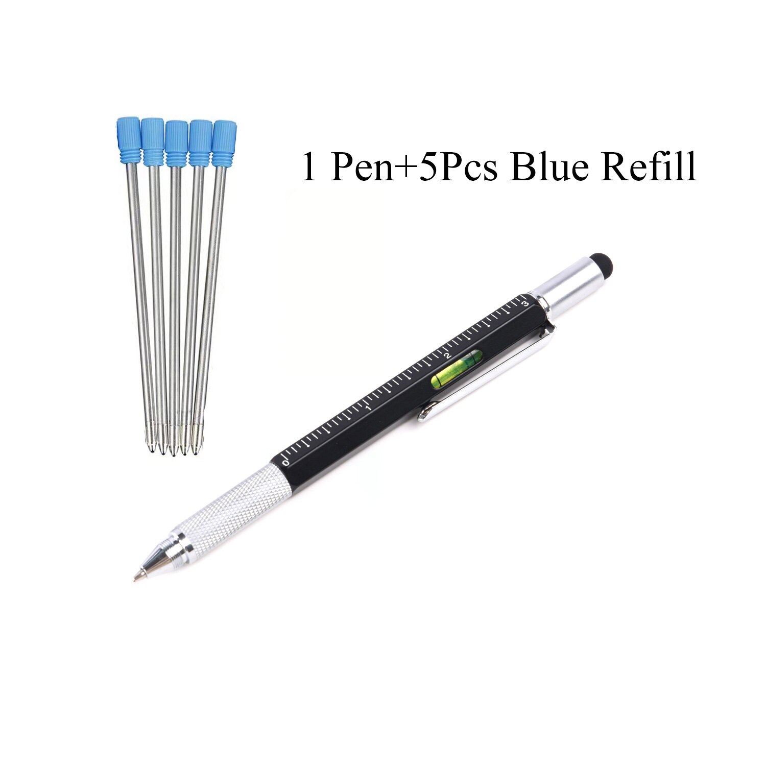 7 In1 Multifunction Handheld Screwdriver Tool Ballpoint Pen Measure Technical Ruler Screwdriver Touch Screen Stylus Spirit Level: Black With 5PCS Blue