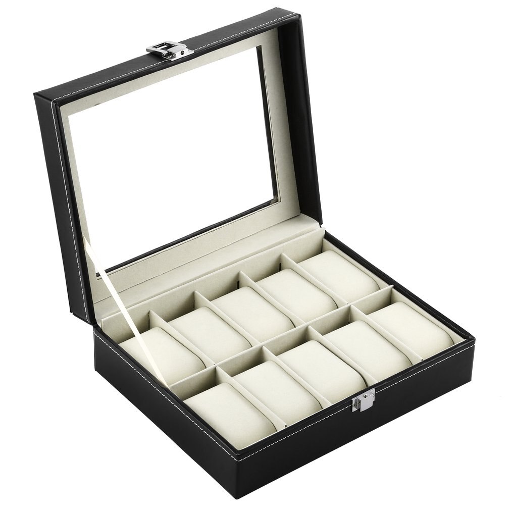 Outad rektangel 10 gitter pu læder ur boks smykker opbevaring organisator ure display holder kiste luksus