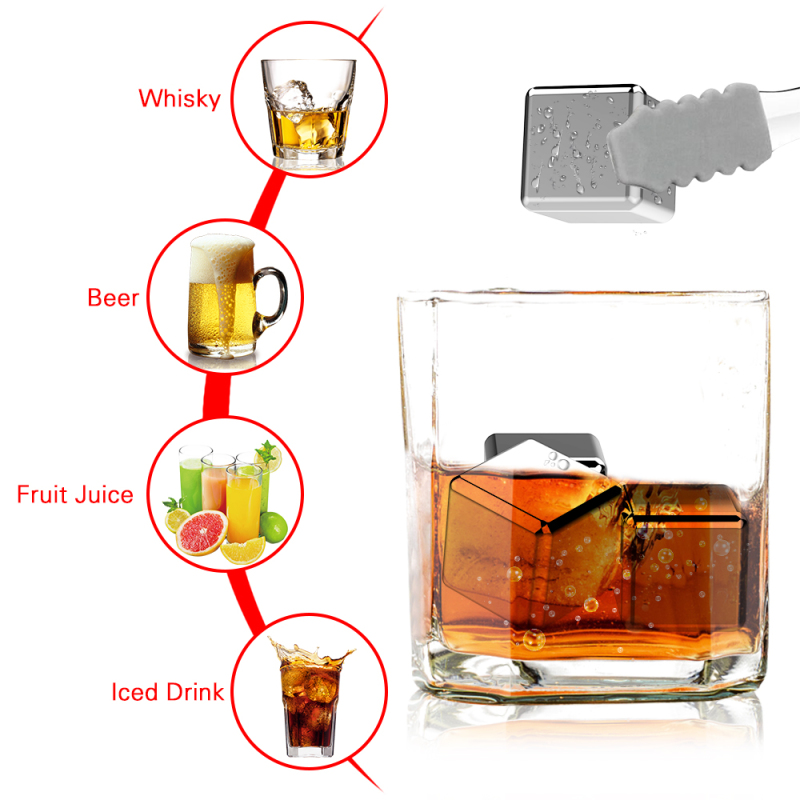 6 kostki lodu ze stali nierdzewnej, wielokrotnego użytku kamienie chłodzące robić Whisky, wina, wódki, piwa, napojów 2.6 x 2.6 x 2.6cm