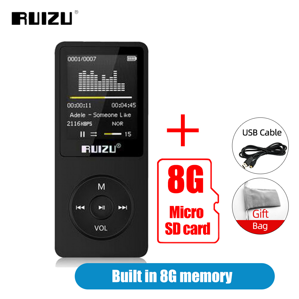 Ruizu X02 MP3 Player 8GB Portable Music Walkman Ultrathin Lossless Sound Music Media MP3 Players With FM Radio E-book Recording: Black Add 8G Card