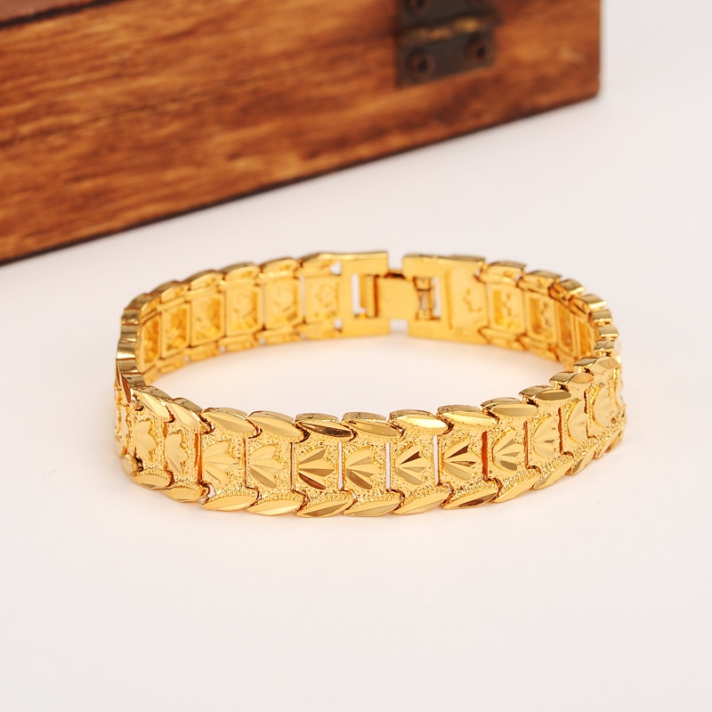 Evige klassikere bredt armbånd 24k ægte solid gult guld gf dubai armbånd kvinders mænds trendy håndurbånd kæde smykker