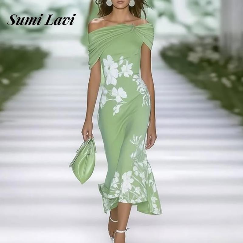 Sommerkjole med off-shoulder-ærmer til kvinder med blomsterprint og draperet lang kjole, sexet, højtaljet, slank festkjole