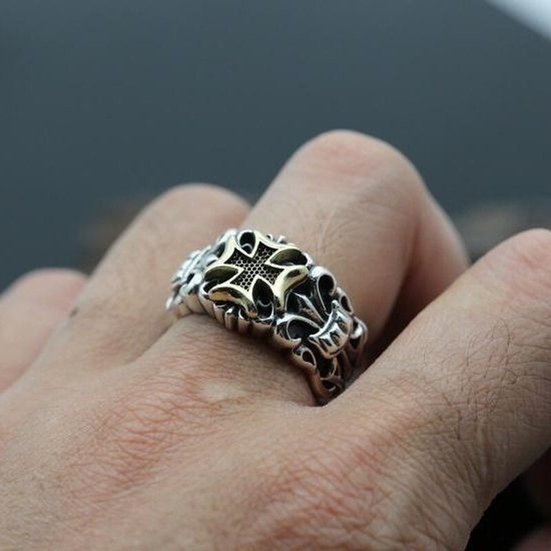 S925 Silver Overheersend Overdreven Crown Earl Cross Retro Mannen Hipster Open Verstelbare Ring