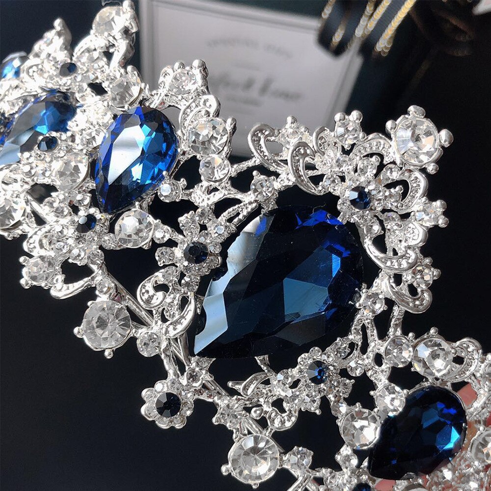 Baroque Luxury Silver Plated Blue Crystal Bridal Jewelry Sets Necklace Earring Tiara Crown Set Wedding African Beads Jewelry Set