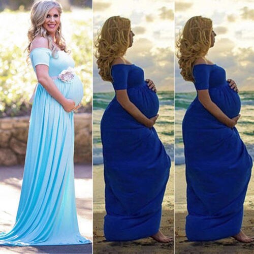 Barsel kjole fotografering rekvisitter sommer off skulder lang maxikjole graviditet kvinder mælk kjole tøj til gravide