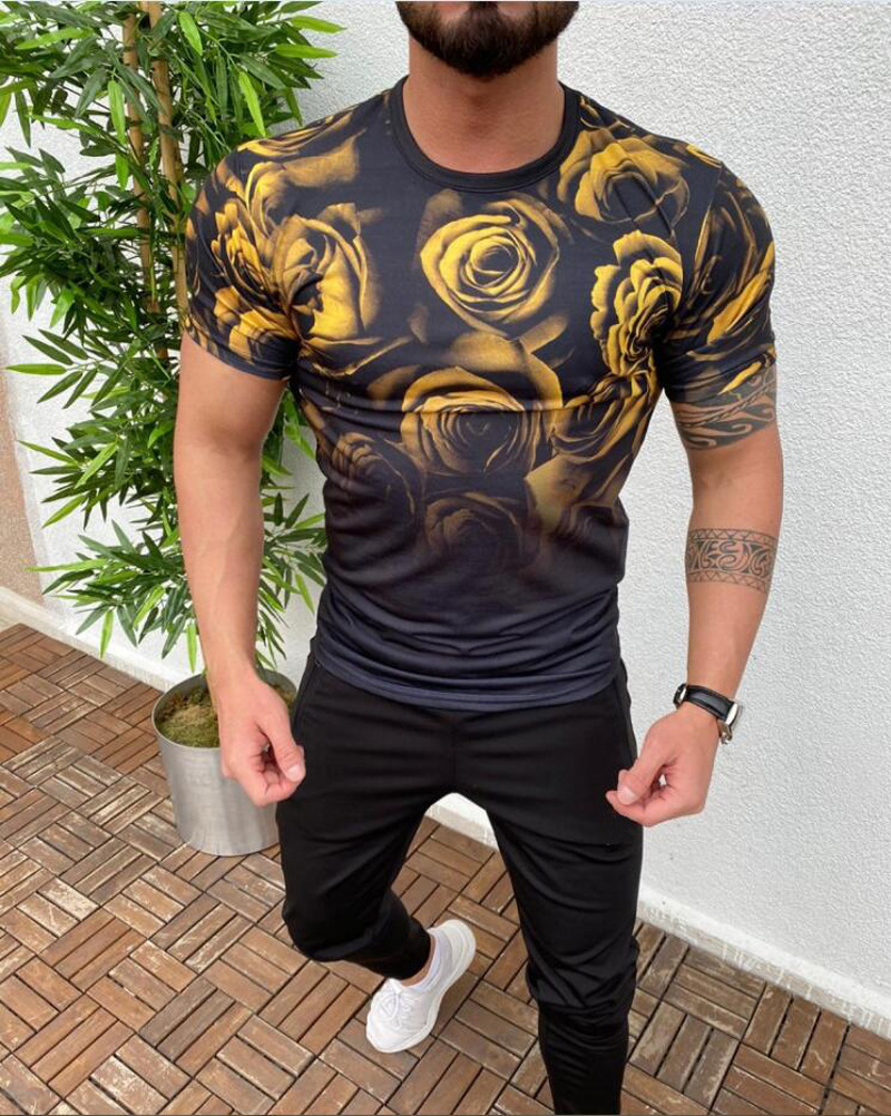 Merkki miesten vaatteet kaltevuus kukkia print slim fit miesten t-paita kesäinen o-neck fitness lyhythihainen t-paita miehelle: Keltainen musta / Xxl