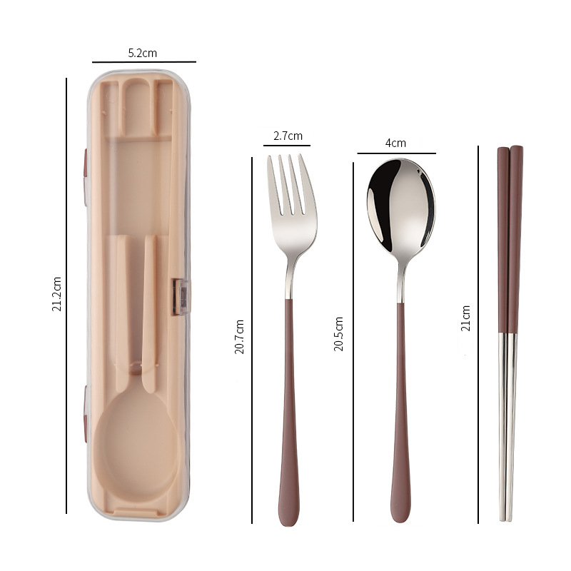 Portable Travel Cutlery Set With Case Stainless Steel Spoon Fork Chopsticks Tableware: C-Brown