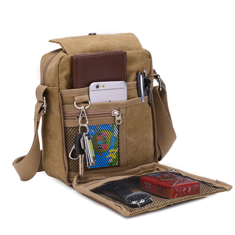 Canvas Heren Messenger Bags Khaki Vintage Multifunctionele Grote Capaciteit Reizen Schoudertas Multi-Pocket Handtassen