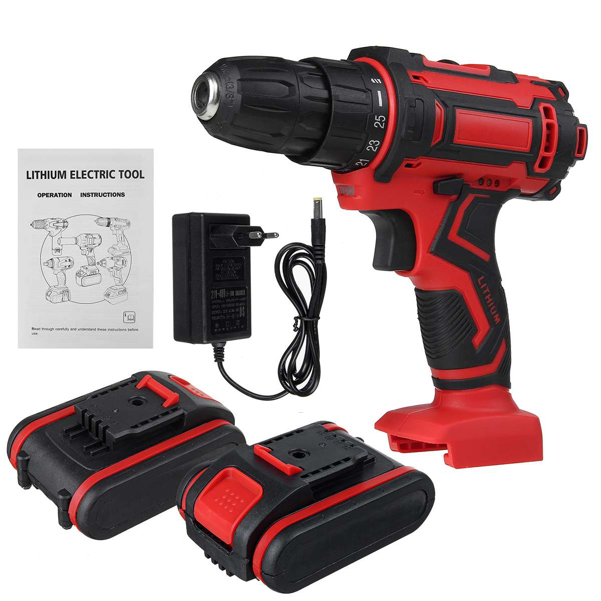 48V 3 in 1 Cordless Impact Electric Drill Hammer Screwdriver 25+3 Turque Power Driver Tools Set with Battery Drill Accessories: Kit 2xBattery / EU