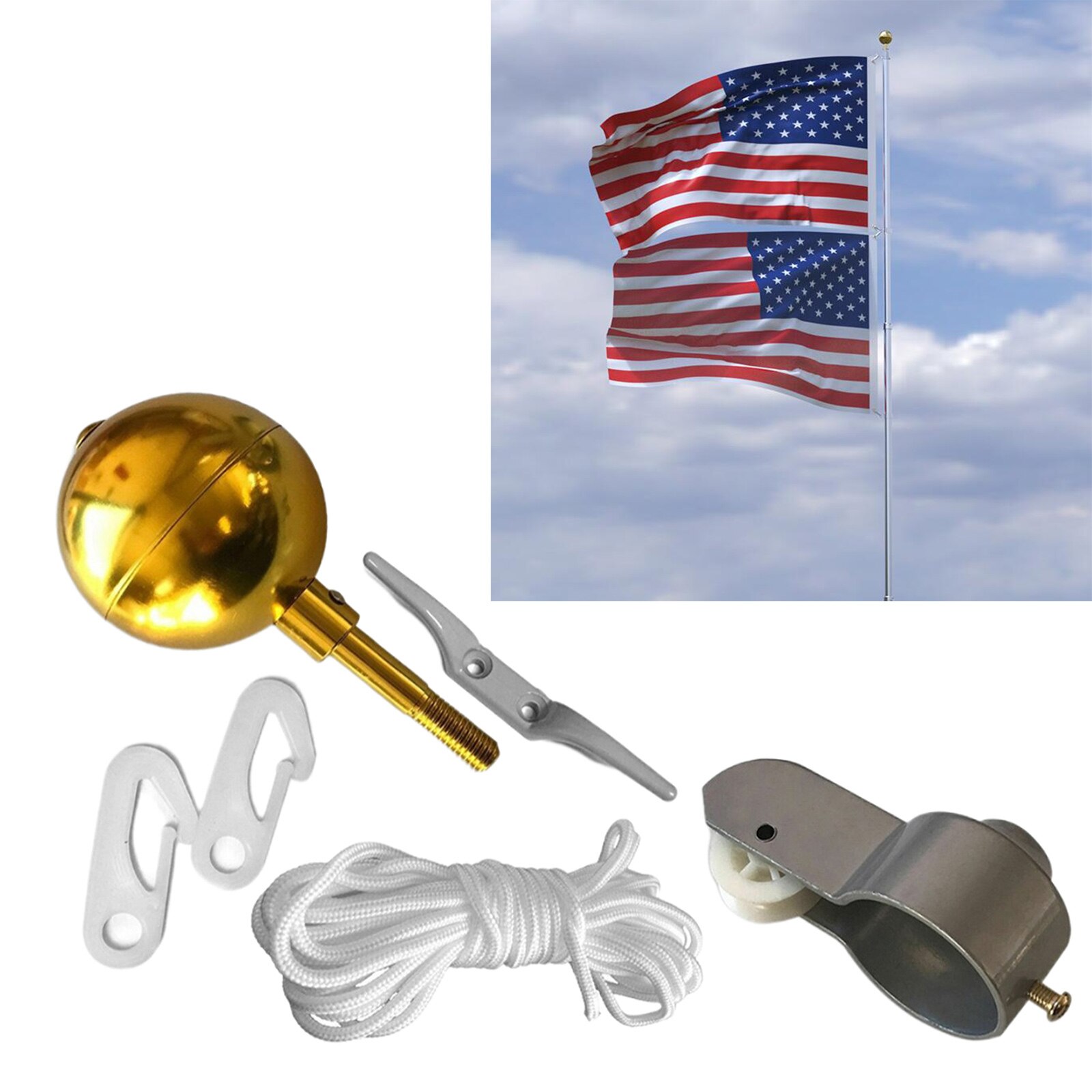 Flag Pole Hardware Repair Kit 3&quot; Ball Top Ornament Cleat Hook 4 Snap Hooks,