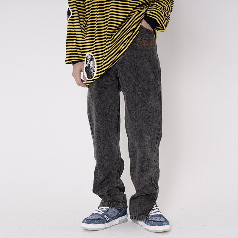 High Street Musical Note Letter Embroidery Mens Jeans Pants Oversize Washed Retro Side Zipper Baggy Casual Denim Trousers