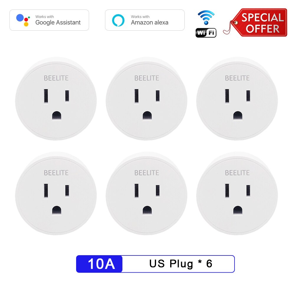 Beelite smart støpsel  oss 10a wifi stikkontakt alexa støpsel tidtaker støpsel fjernkontroll stikkontakt smart liv app tuya smart hjem alexa google assistent: 6 stk