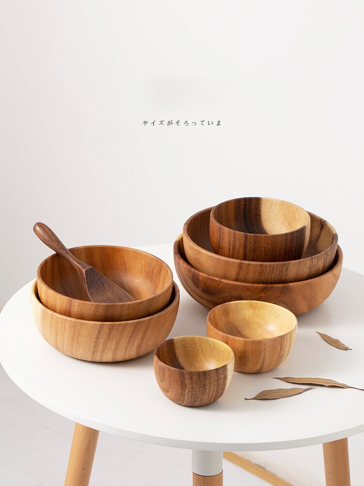 Cuenco de madera hecho a mano de estilo japonés, utensilios de cocina de madera de Acacia, tazón de Ramen para sopa, batidos, utensilio de cocina